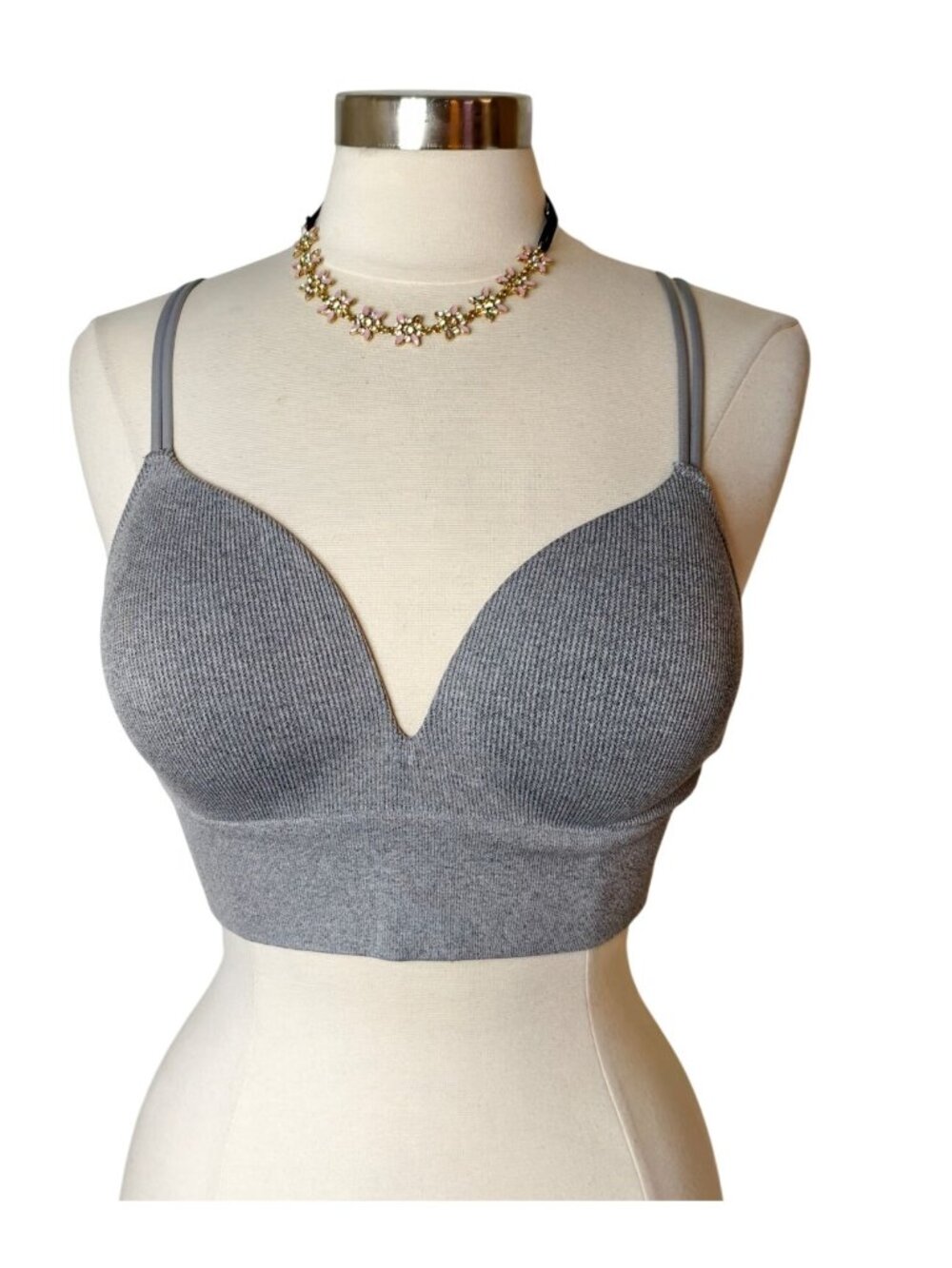 NoBo Womens L Bralette Ribbed Gray Padded Seamless Comfy Support Adjustable